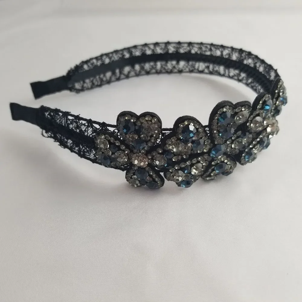 Blue Gunmetal Crystals Floral Black Lace Hair Band